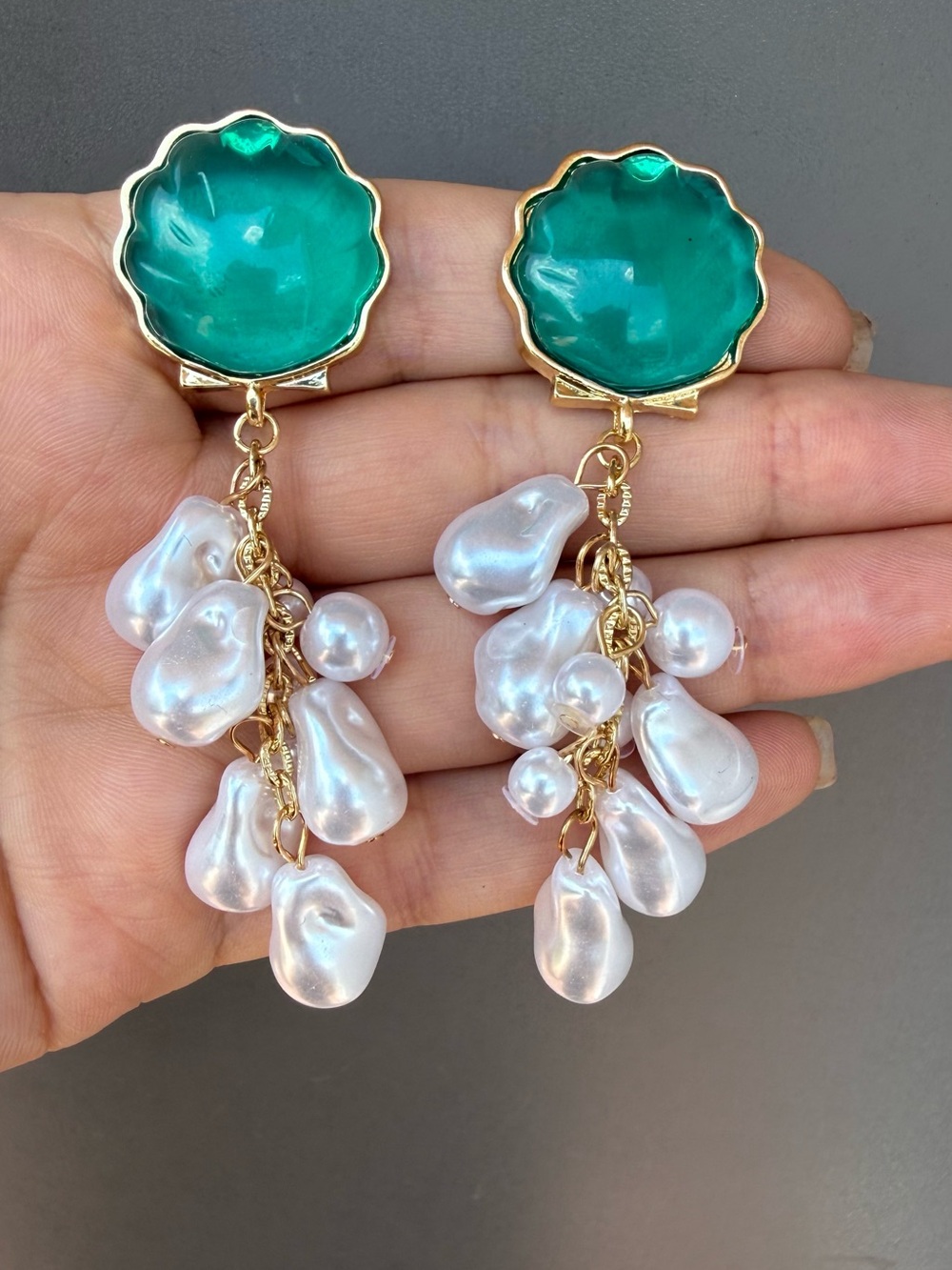 Green Gem and Pearl Drop Earrings - Picture 3 of 4